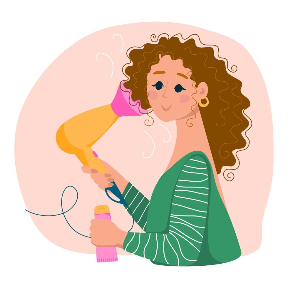 mujer con secador de pelo y cosméticos para cabello ondulado y rizado. cgm. estilo de chica rizada. ilustración de dibujos animados vectoriales. vector