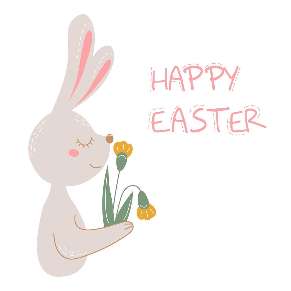 Happy Easter colored greeting card with rabbit and flower. Vector postcard with cute rabbit.