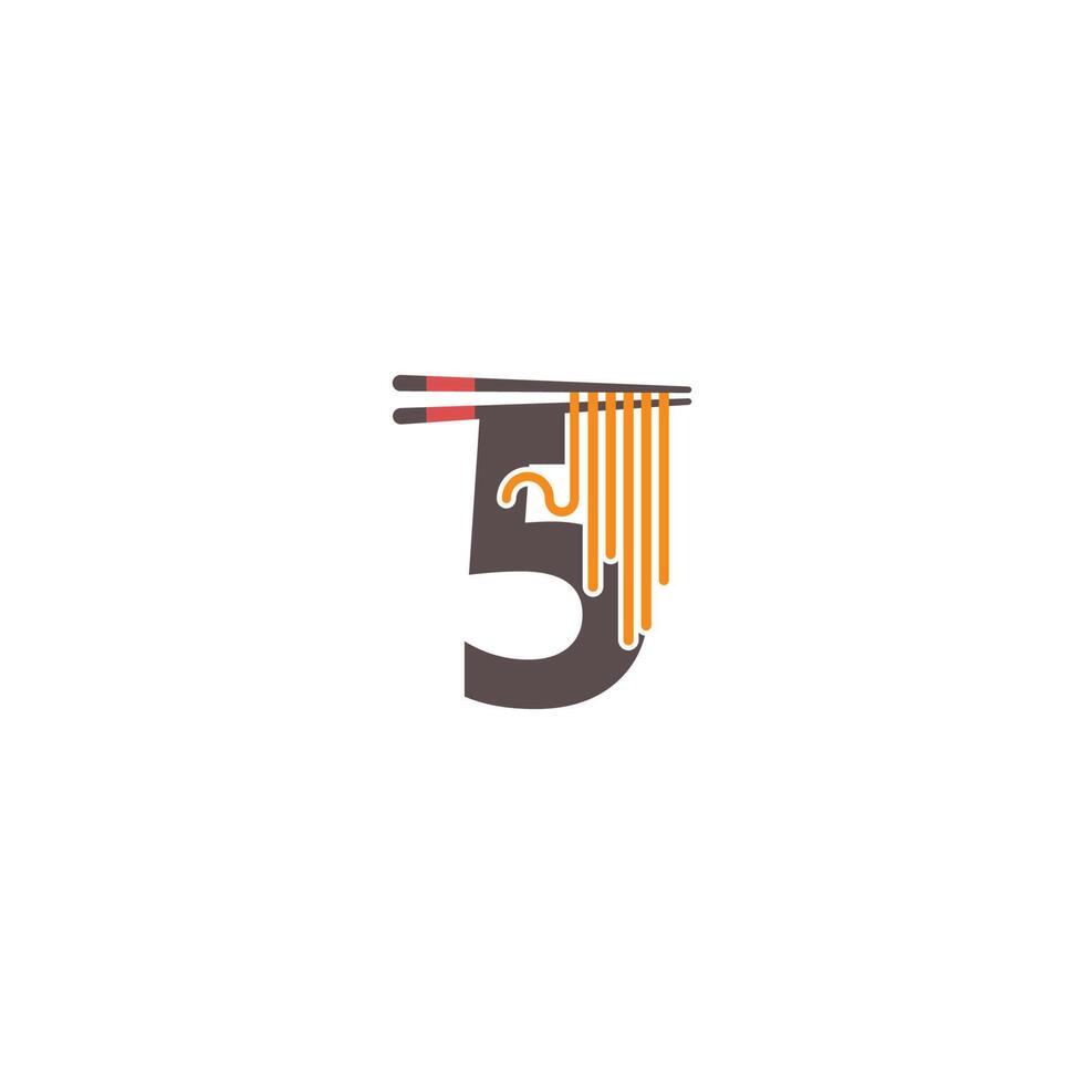número 5 con palillos y diseño de logotipo de icono de fideos vector