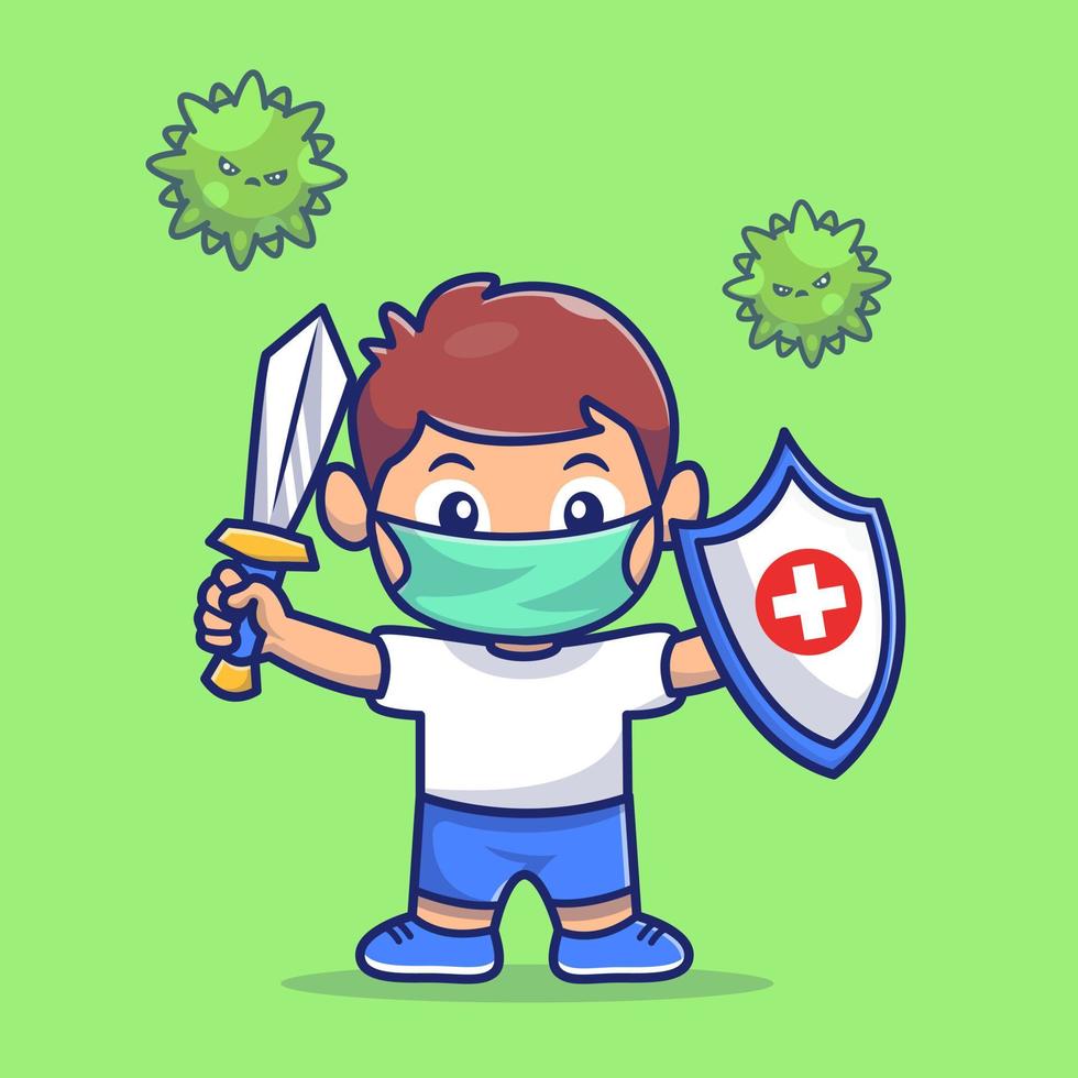 niño lucha corona virus dibujos animados vector icono ilustración. concepto de icono médico de personas vector premium aislado. estilo de dibujos animados plana