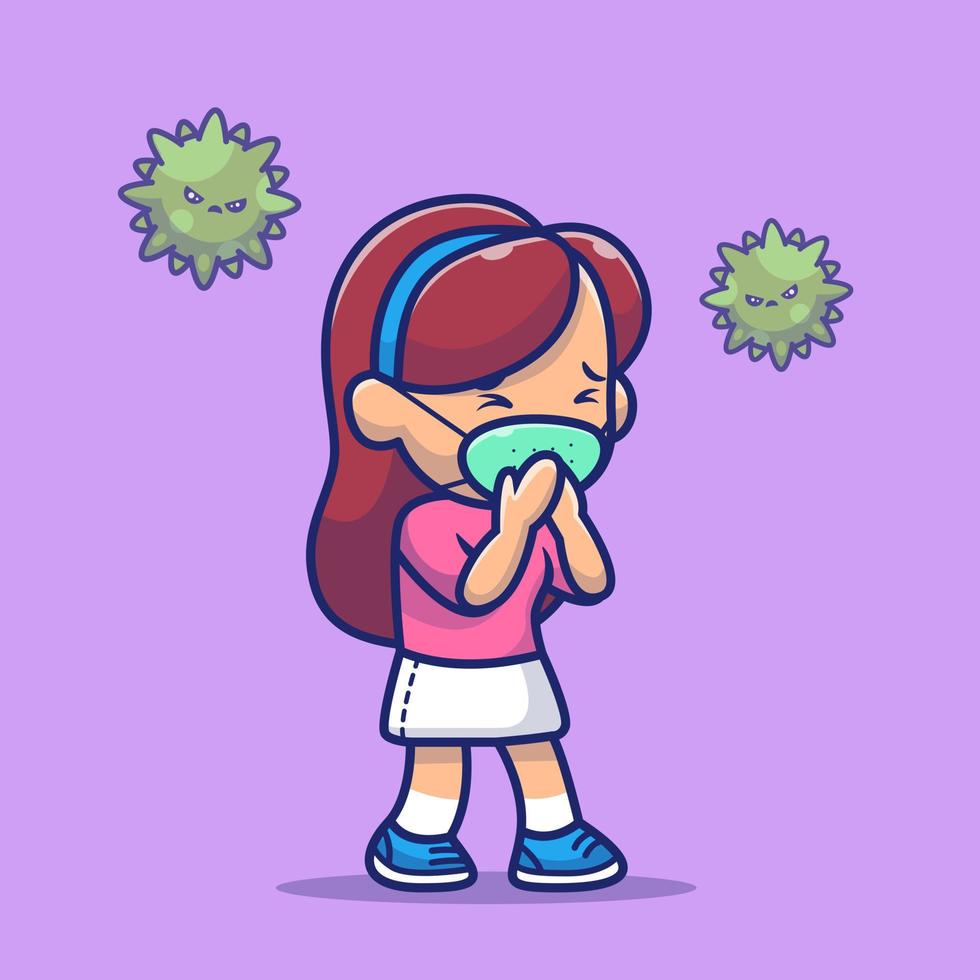 Cute Girl With Mask And Virus Cartoon Vector Icon  Illustration People Medical Icon Concept Isolated Premium  Vector. Flat Cartoon Style
