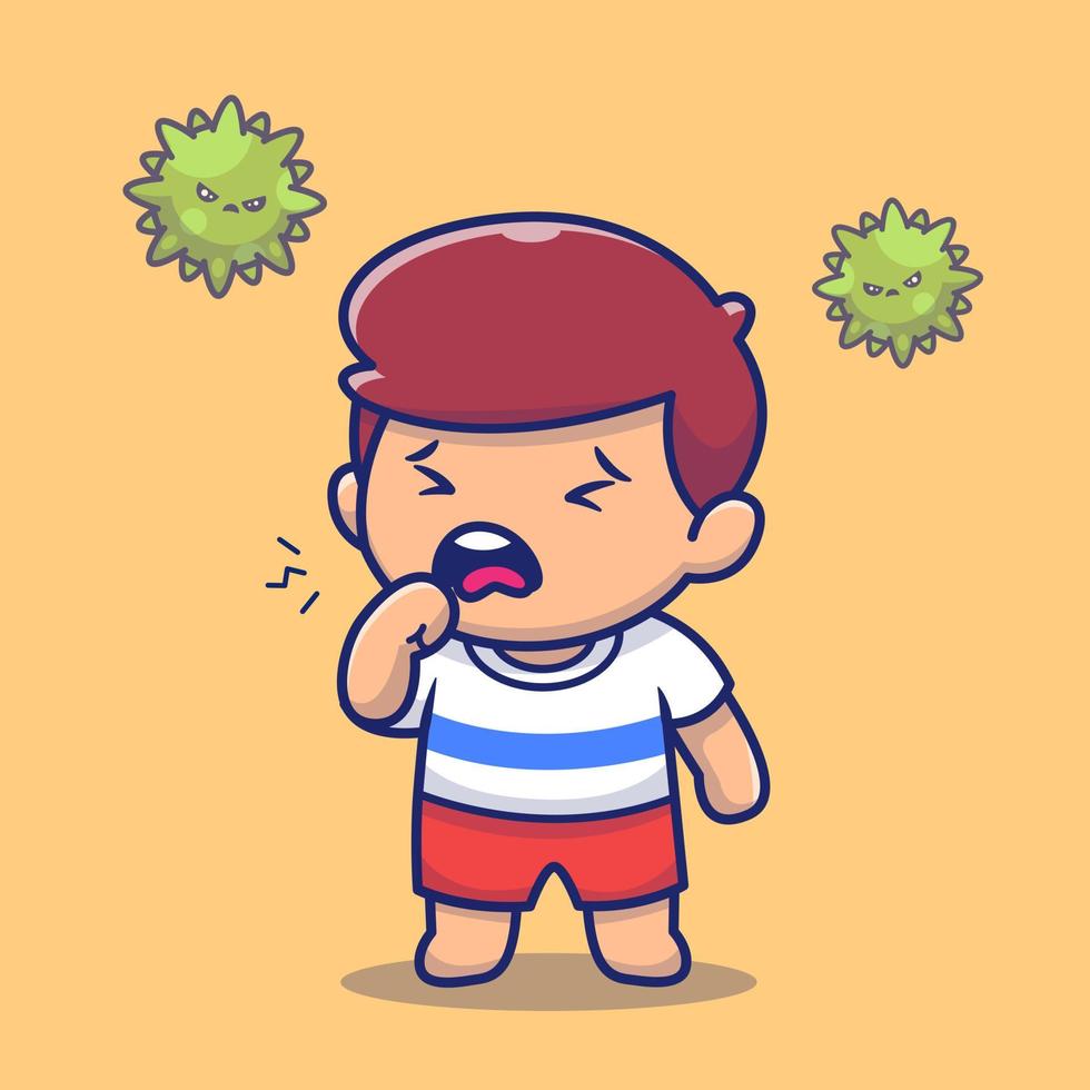 Cute Boy With Fever And Flu Cartoon Vector Icon Illustration.  People Medical Icon Concept Isolated Premium Vector. Flat  Cartoon Style