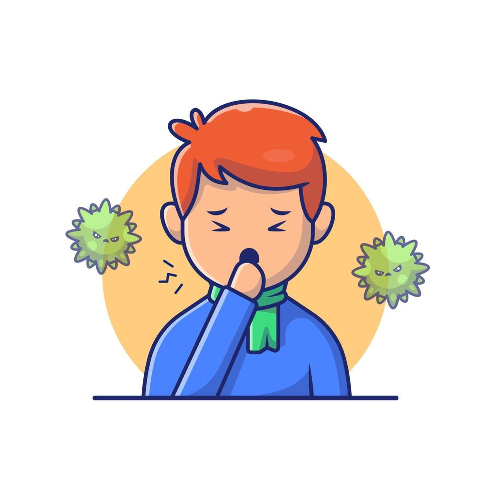 Boy with Fever And Flu Cartoon Vector Icon Illustration.  People Medical Icon Concept Isolated Premium Vector. Flat  Cartoon Style