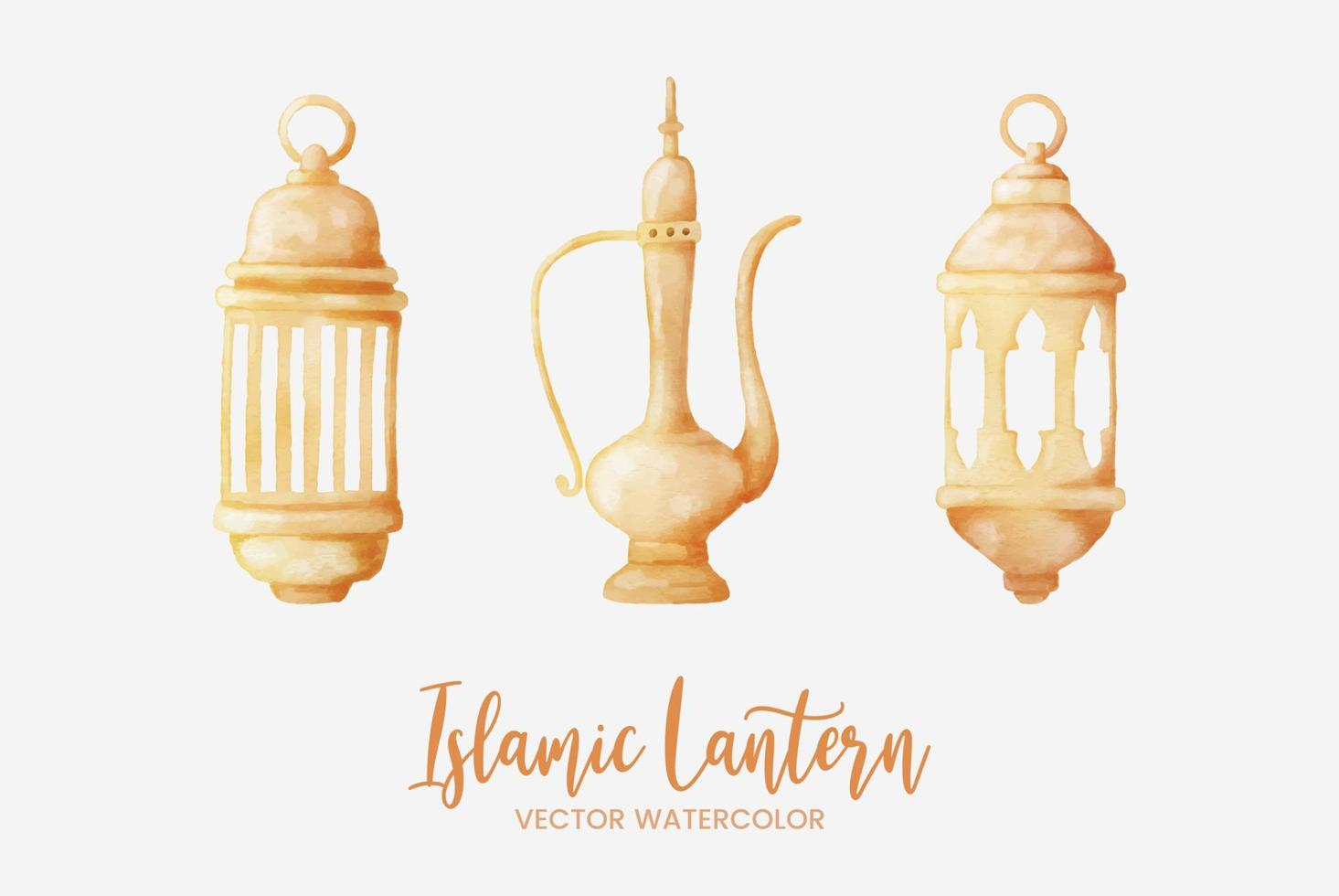 islamic lantern watercolor with 3 objects variation illustration with golden metal material vector