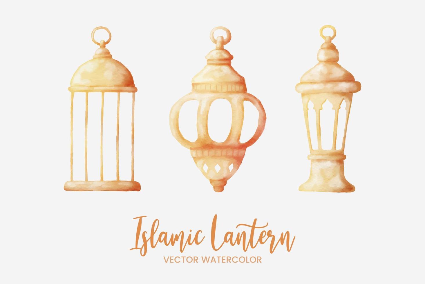 islamic lantern watercolor with 3 objects variation illustration with golden metal material vector