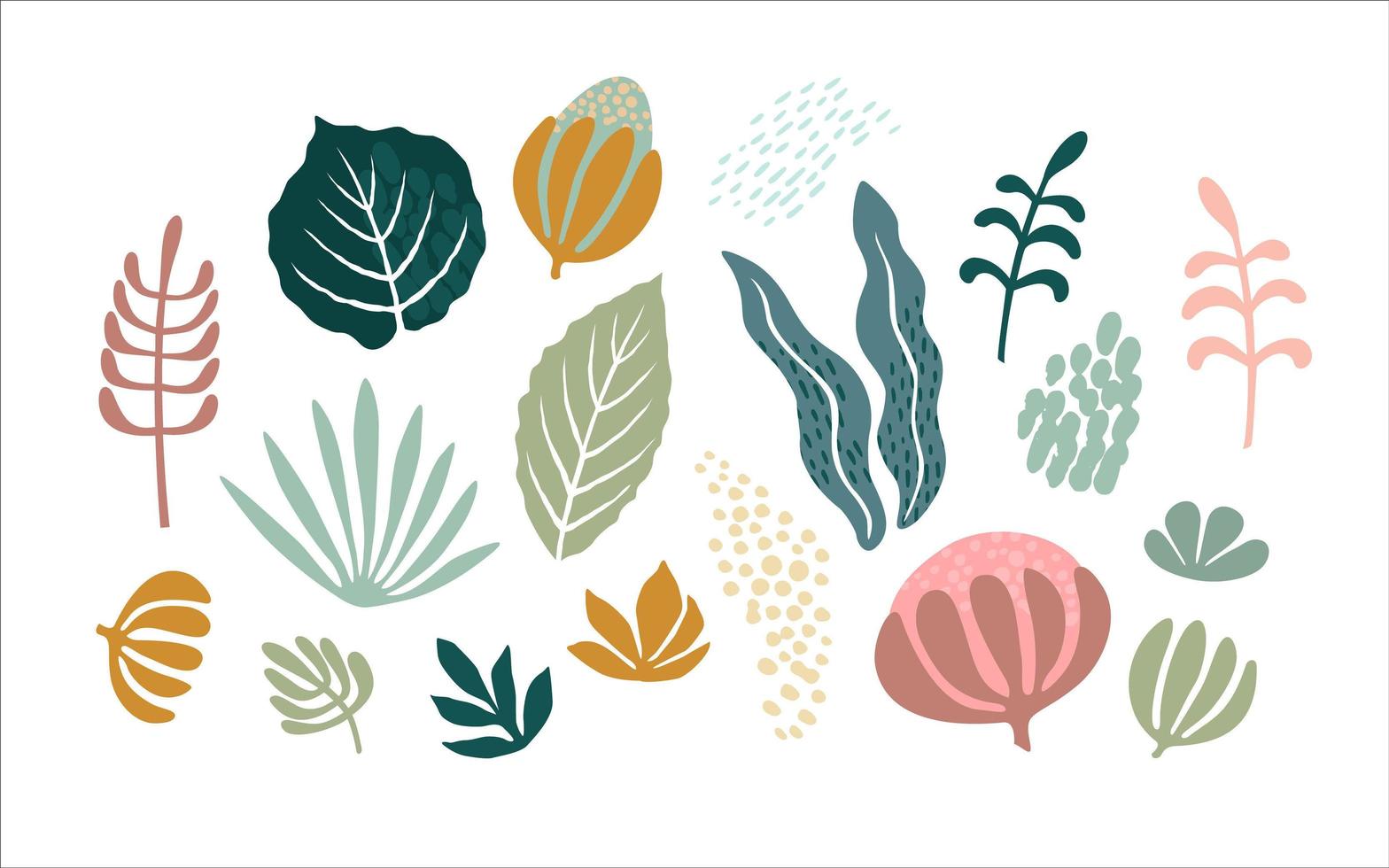 Vector illustrations of abstract flowers and leaves. Clipart, isolated elements.