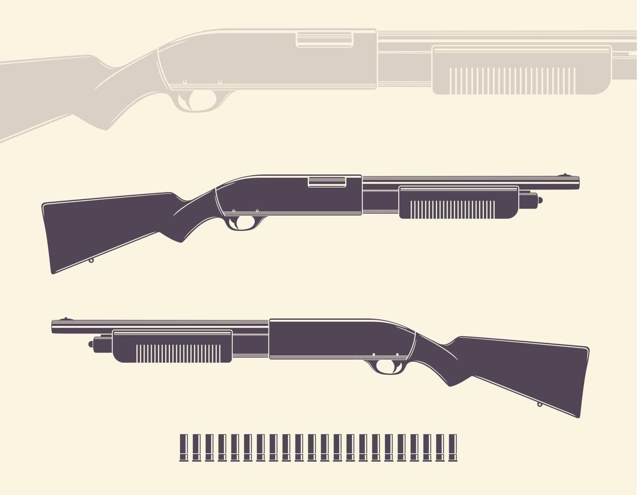 escopeta, rifle de caza con conchas y silueta vector