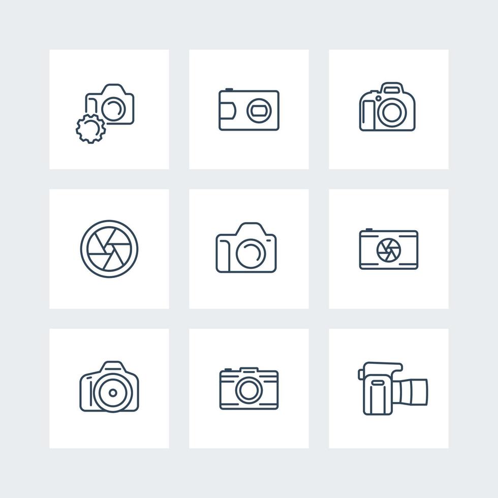 camera, photography line icons, dslr, aperture icons on squares, vector illustration