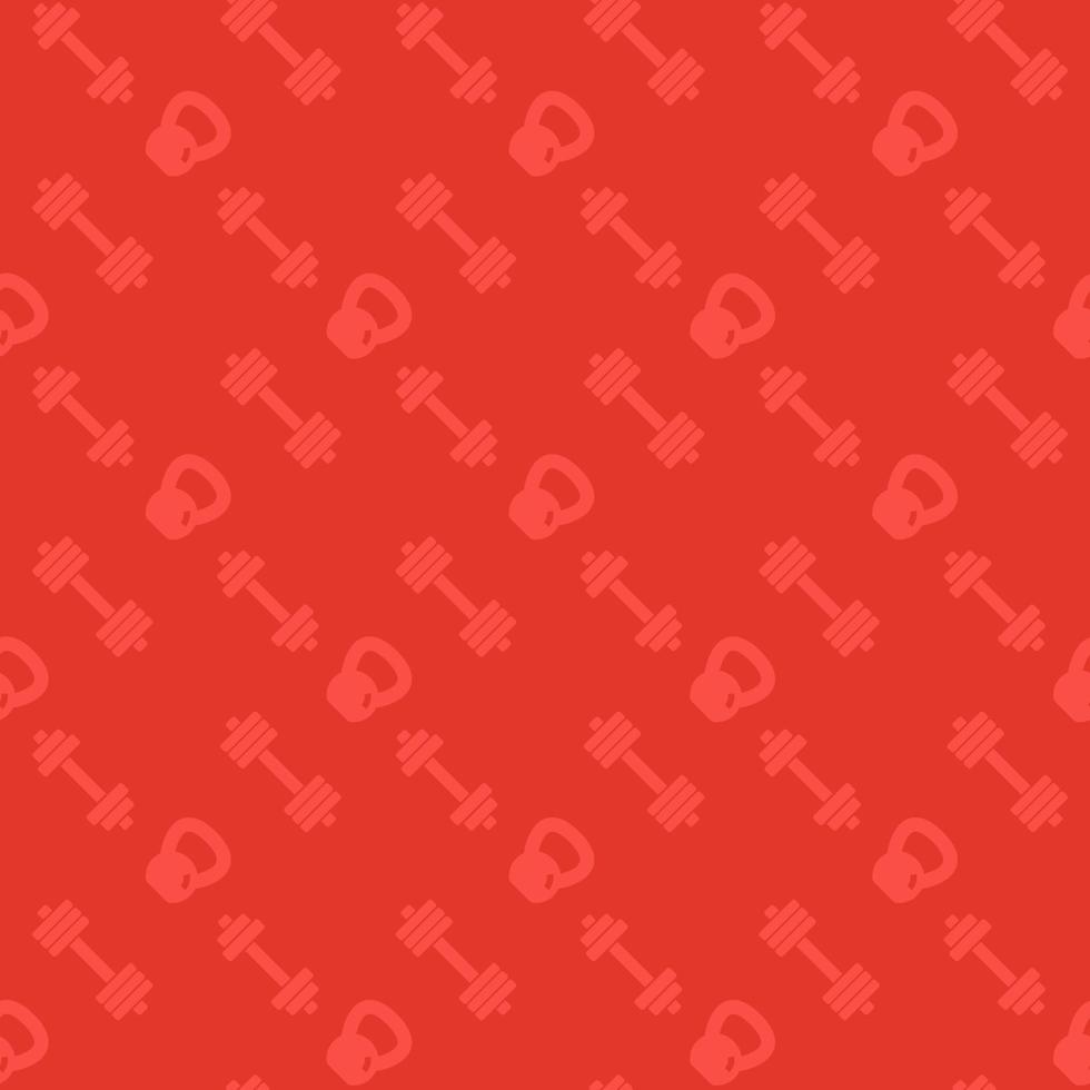 seamless pattern with fitness icons, dumbbells and kettlebell, red background vector