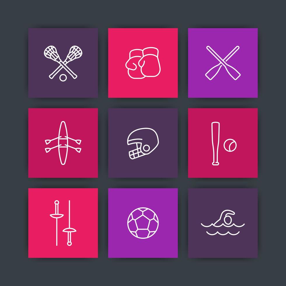 sports and games line icons on squares, vector illustration