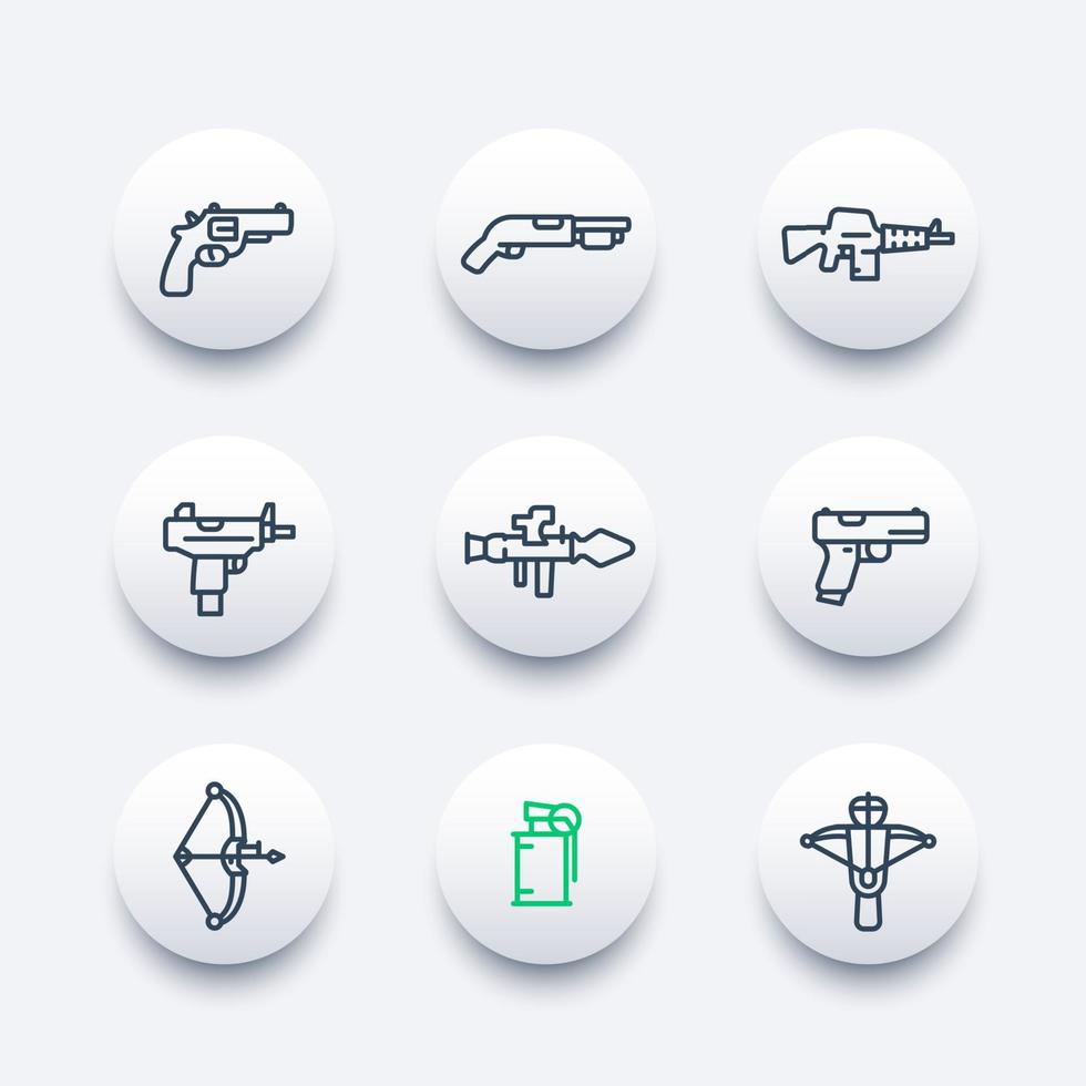 conjunto de iconos de línea de armas, revólver, lanzacohetes, pistola, ametralladora, rifle de asalto, escopeta, arco compuesto, granada, ballesta vector