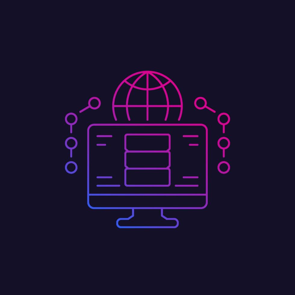 base de datos y computadora, icono lineal de red vector