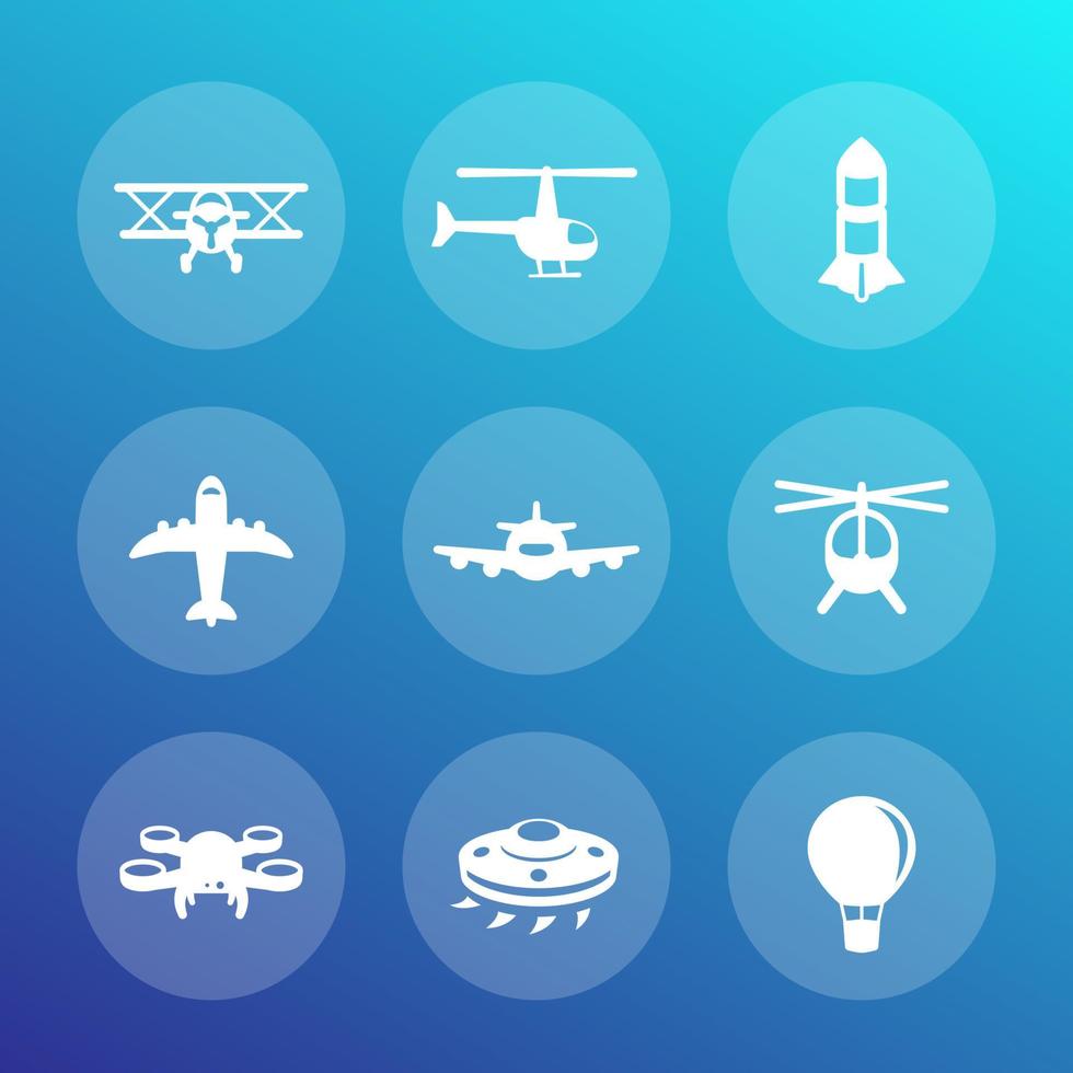 Aircrafts icons set, airplane, aviation, air transport, helicopter, drone, biplane, alien spaceship, top view of plane, vector illustration