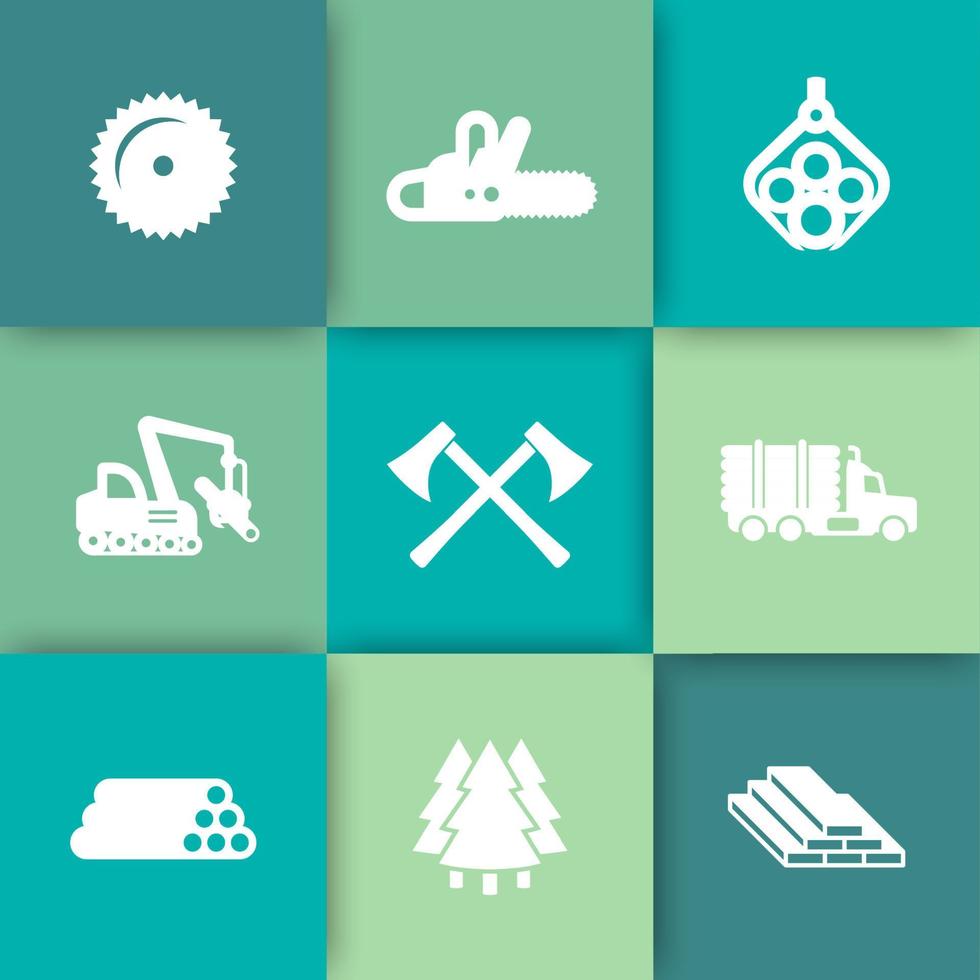 Logging, forestry equipment icons, sawmill, logging truck, tree harvester, timber, wood, lumber, chainsaw icons on squares vector