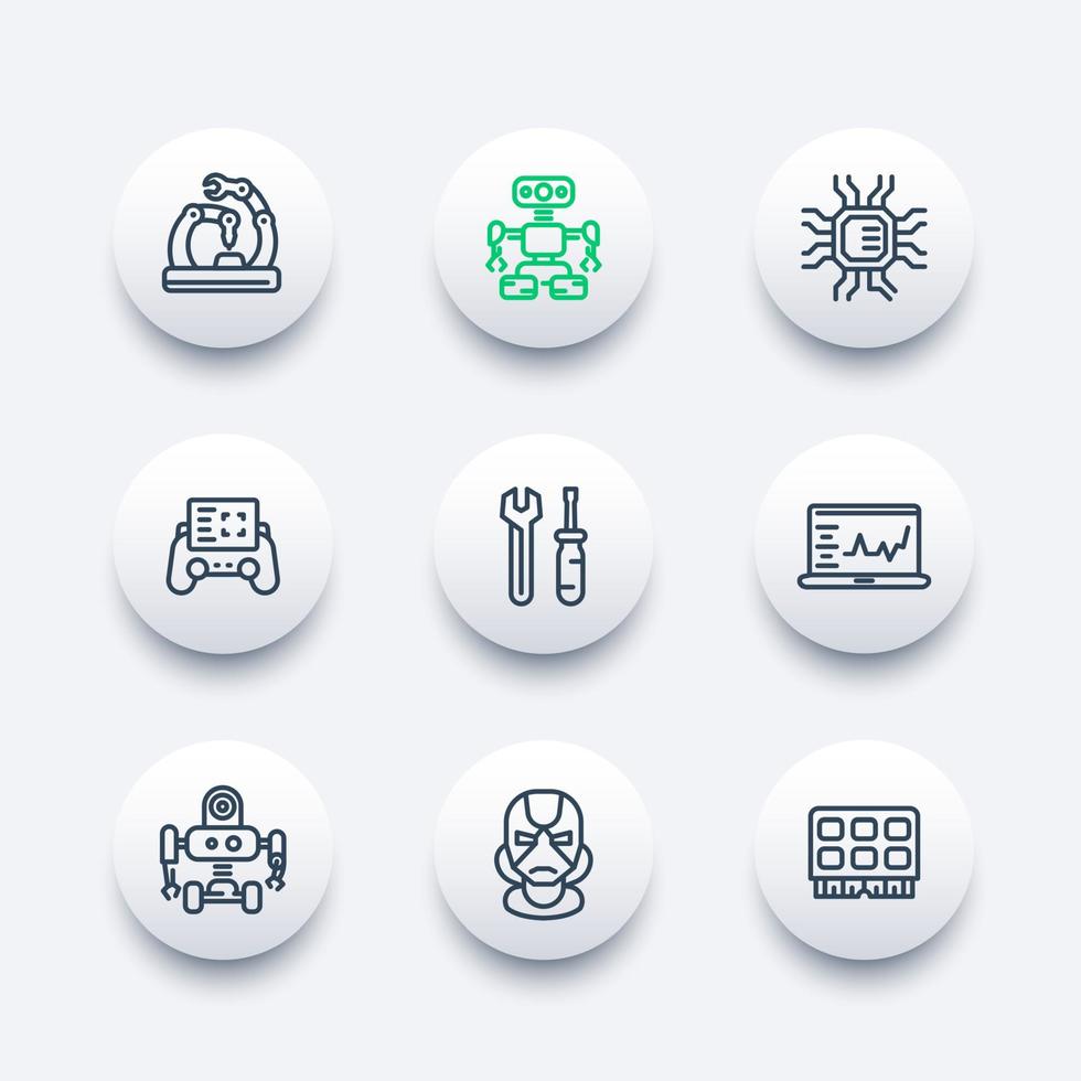 Robotics, mechanical engineering, robots, microelectronics line icons set vector