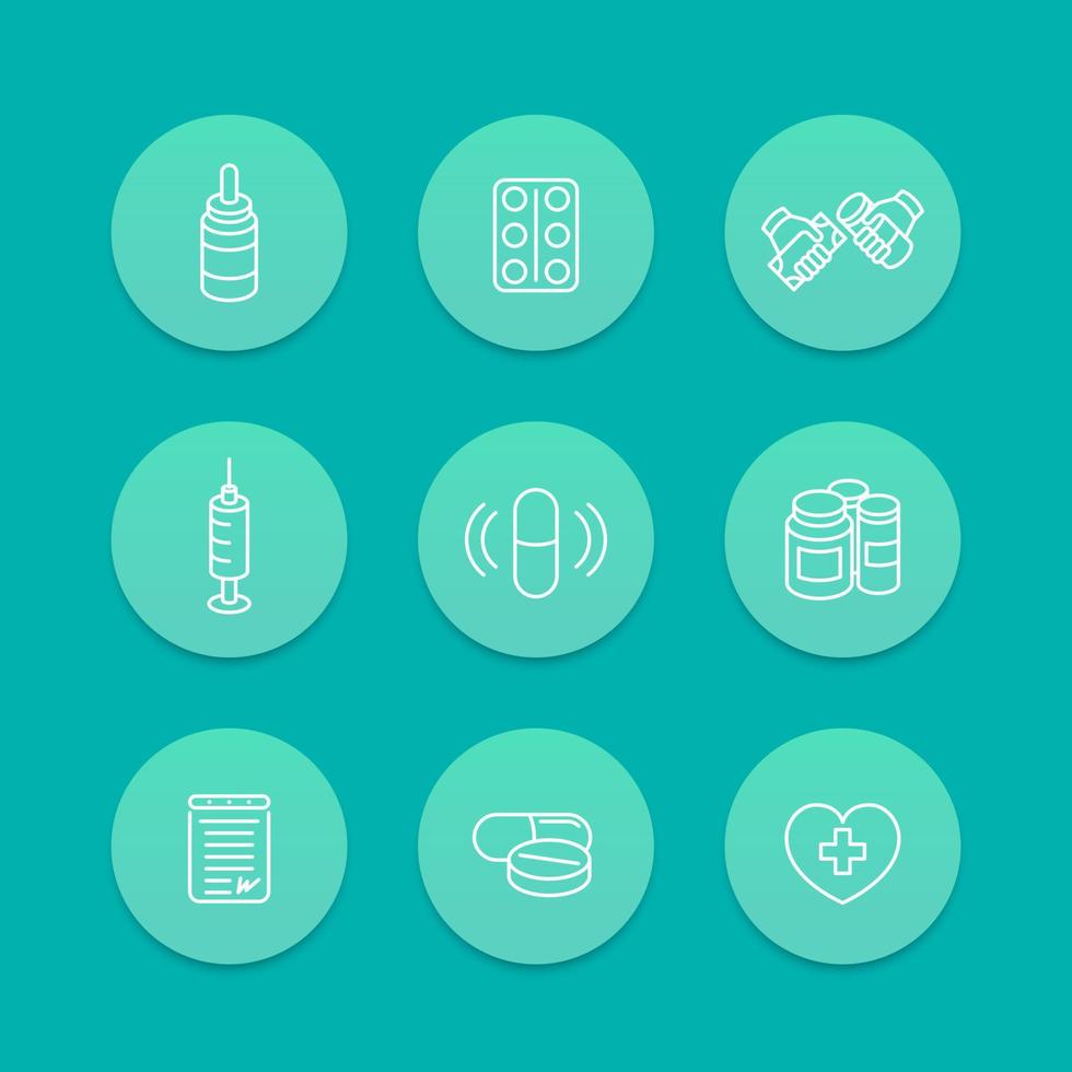 medicine, drugs, pills, pharmaceutics line icons, aquamarine set, vector illustration