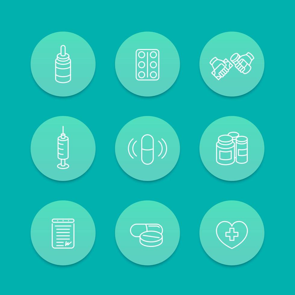 medicine, drugs, pills, pharmaceutics line icons, aquamarine set, vector illustration