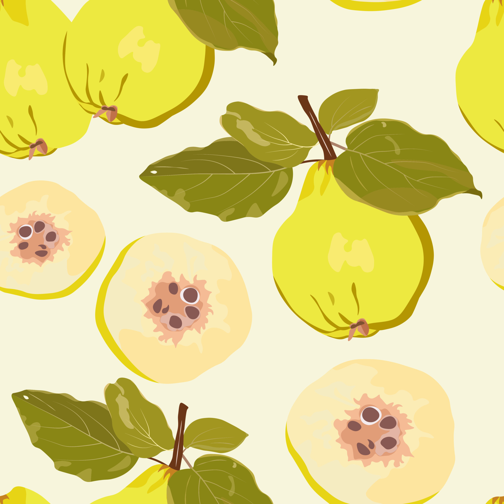 Yellow quince seamless pattern. Ripe fruit pears close-up. Ideal for
