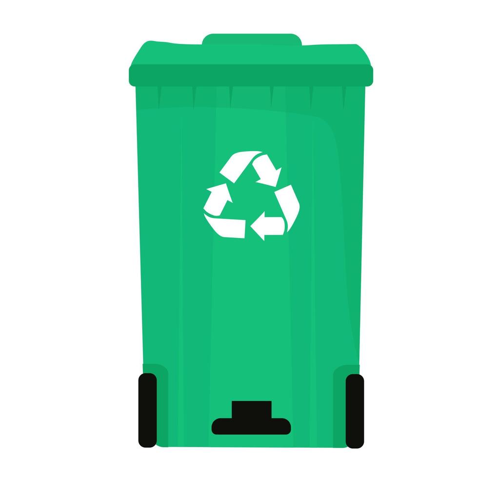 Ilustración de stock de vector de contenedor de basura cerrado verde. un cubo de basura con un pedal sobre ruedas. icono de reciclaje. Aislado en un fondo blanco.