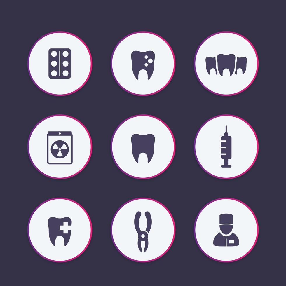 Teeth, dental care, tooth cavity, toothcare, stomatology round icons set, vector illustration