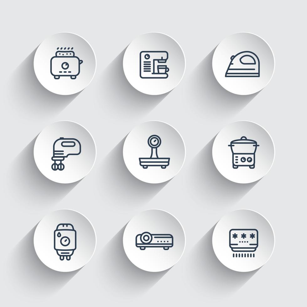 Appliances, consumer electronics line icons set, toaster, coffee machine, blender, iron, steamer, home boiler, projector, air conditioner, vector illustration