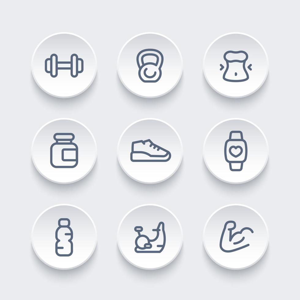 Gym, fitness training icons pack, round line pictograms, vector illustration