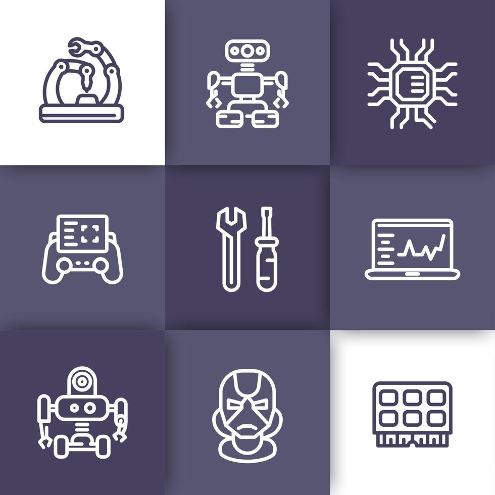 Robotics, mechanical engineering, microelectronics, robots icons, linear style vector