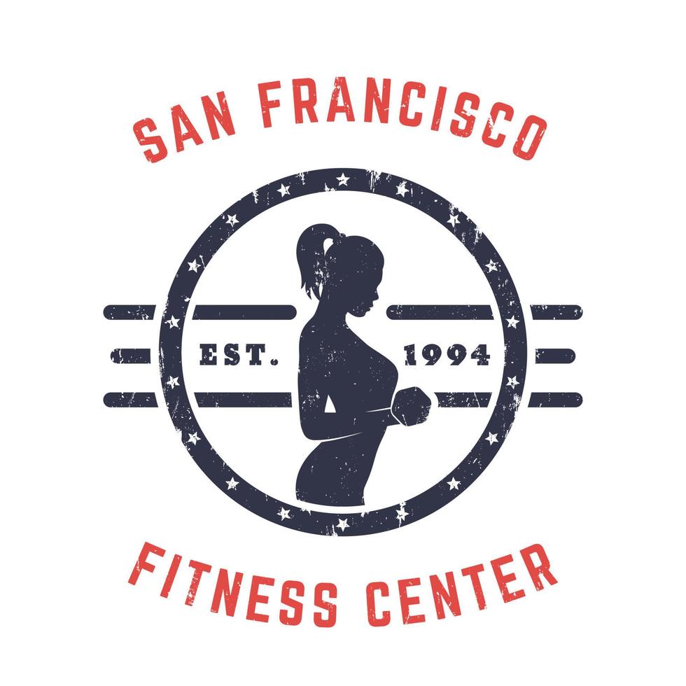 emblema vintage redondo, logo, estampado de camiseta de gimnasio con chica haciendo ejercicio vector