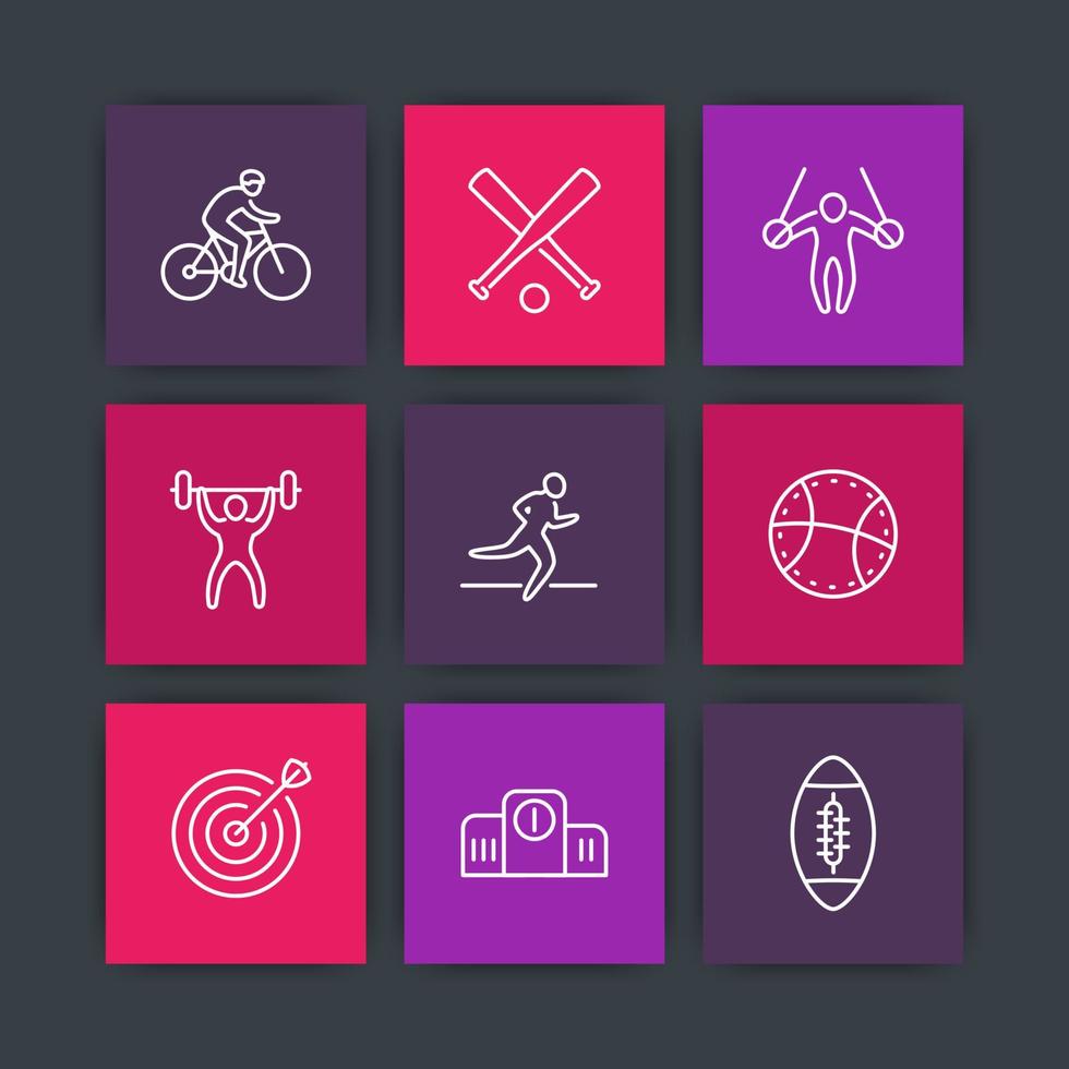 different kind of sports line icons on squares, vector illustration