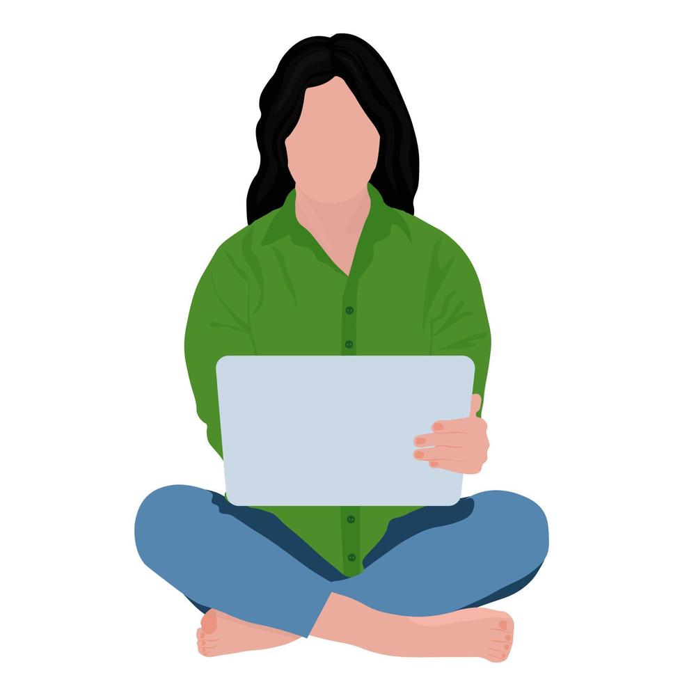 Girl sitting at her laptop vector stock illustration. Dark hair, jeans, and a green shirt. The woman crossed her legs. Correspondence in the chat. Enjoying computer. happy laptops. Isolated on a white