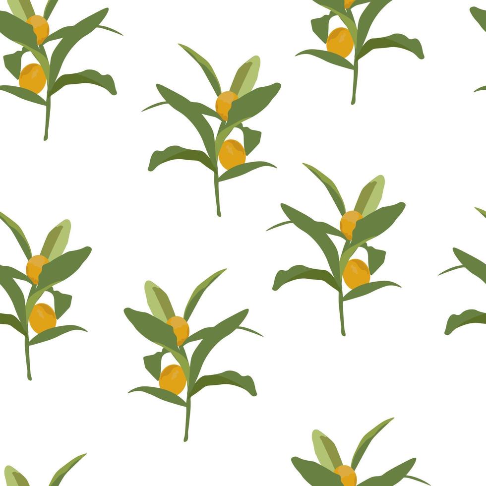 ilustración vectorial de la fruta kumquat. Fortuna de fruta redonda jugosa naranja madura sobre hojas verdes. patrón sin costuras para papel de envolver. ideal para papel tapiz, texturas superficiales, textiles. vector