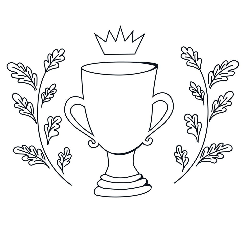 la copa del ganador en una corona de roble. ilustración de stock vectorial. garabatear. hojas de roble y un premio. la recompensa del ganador. Aislado en un fondo blanco. vector