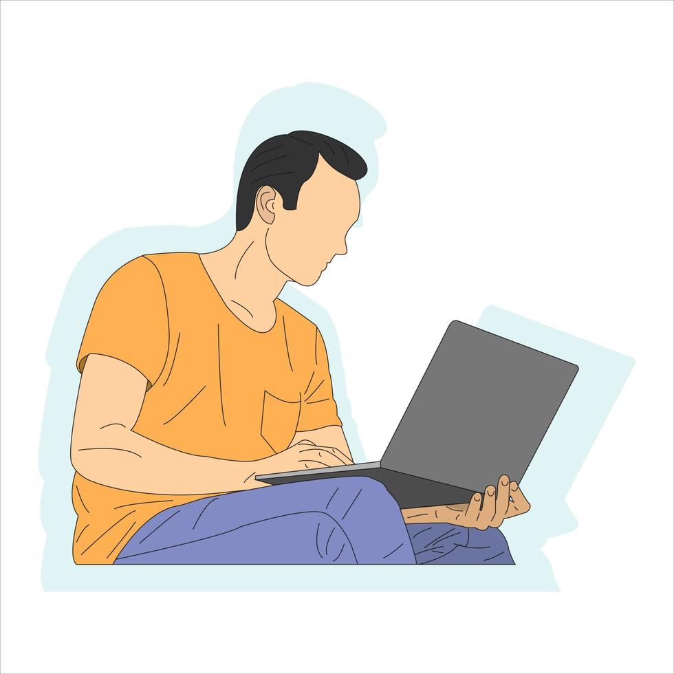 Illustration of a man sitting and using a laptop. Cartoon vector illustration