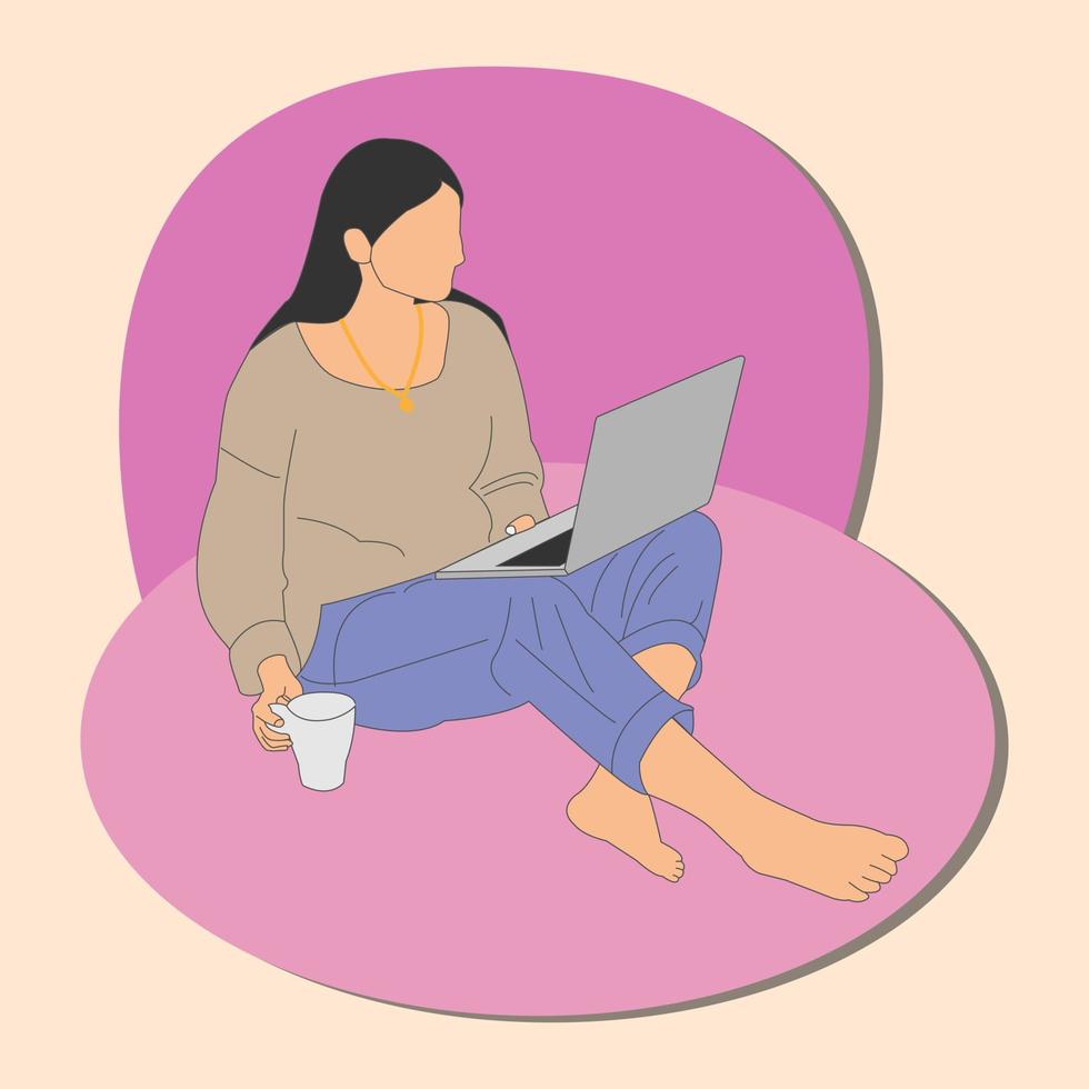 Illustration of woman sitting relaxed on a large pillow and looking at her laptop with a glass of tea. Flat vector illustration