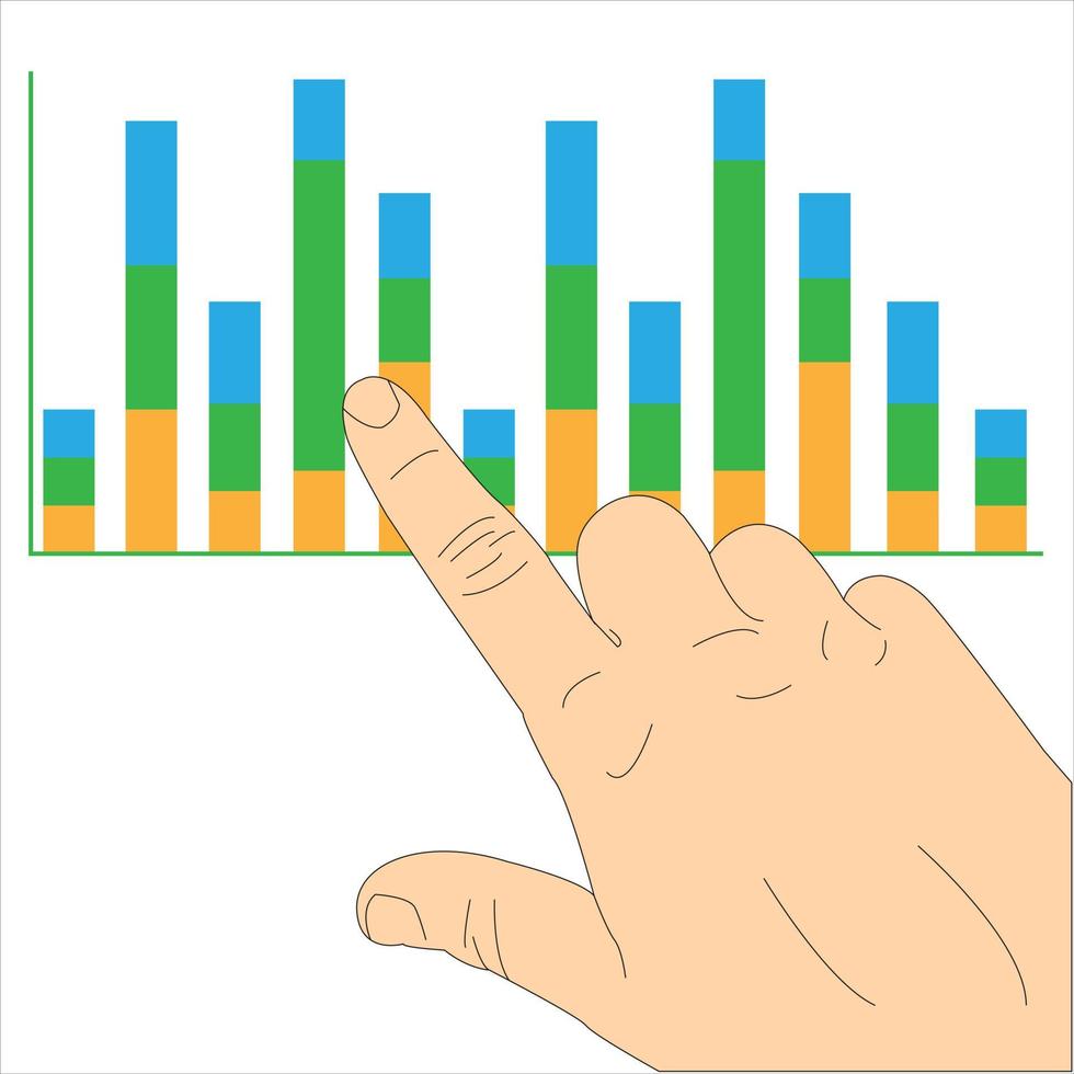 Illustration of a hand pointing at sales statistics. Vector cartoon illustration