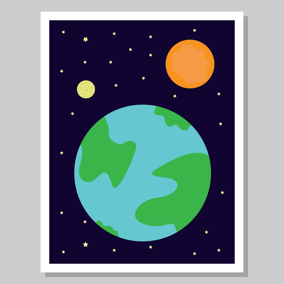 Wall art. Image view of earth, moon, sun and stars in outer space. Suitable for wall decoration in the room. Vector illustration