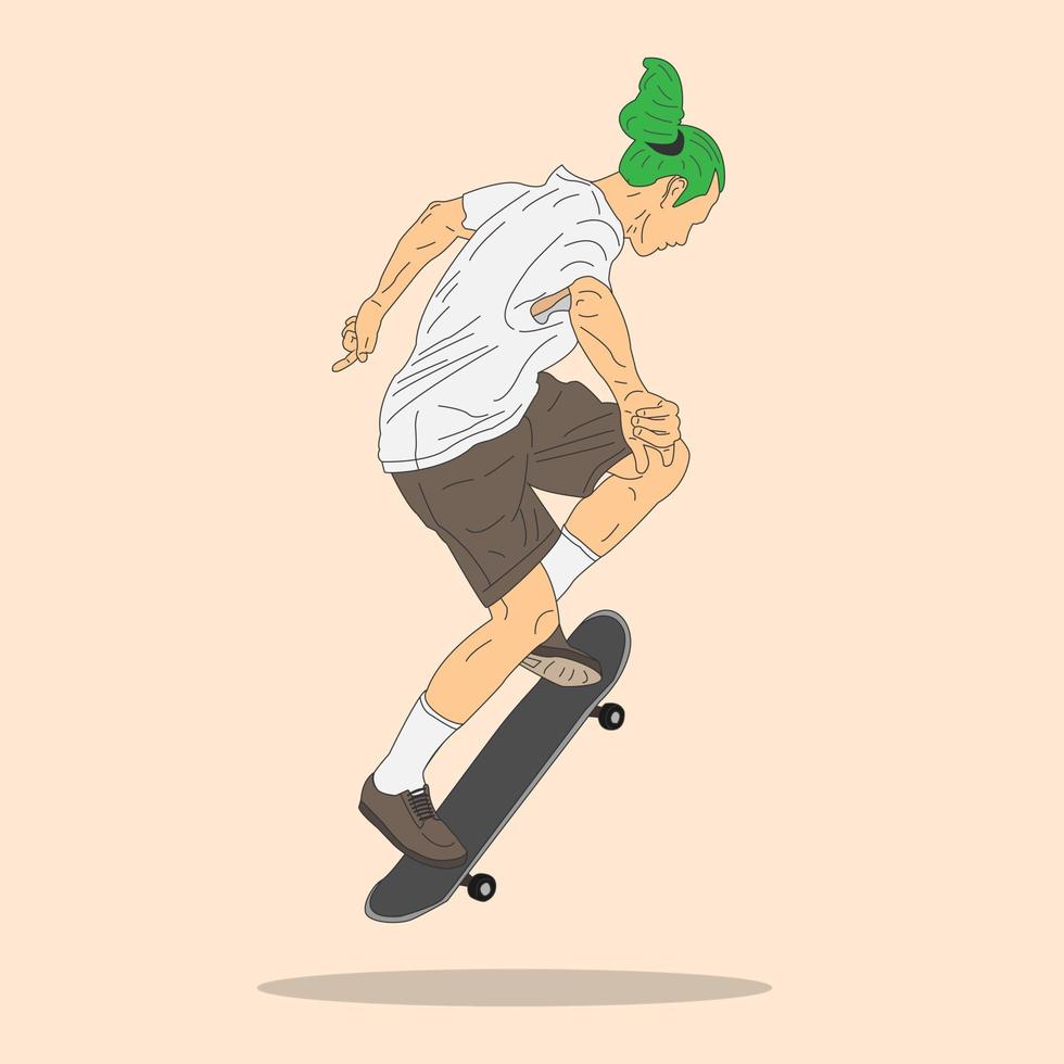 A man is jumping on his skateboard. Cartoon minimal style. Skater man. Flat vector illustration