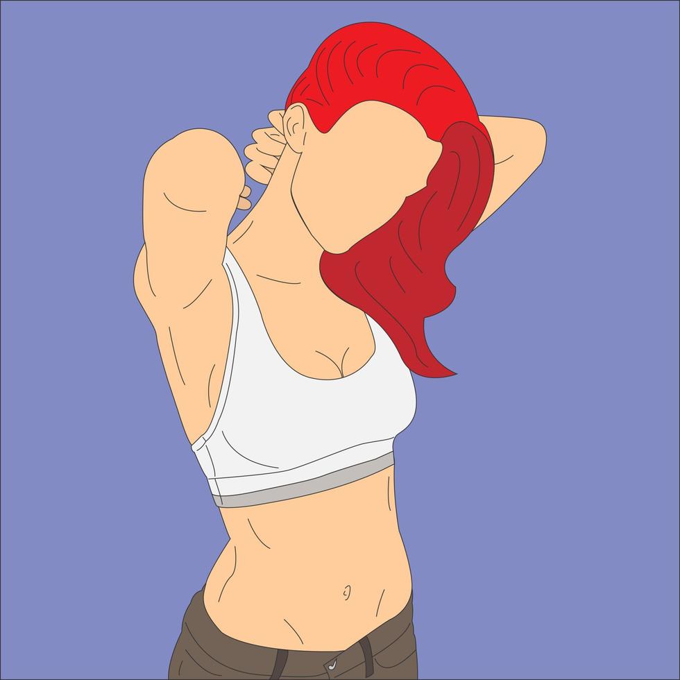 Beautiful red-haired women in sports bra. Minimalist style cartoon. Flat vector illustration