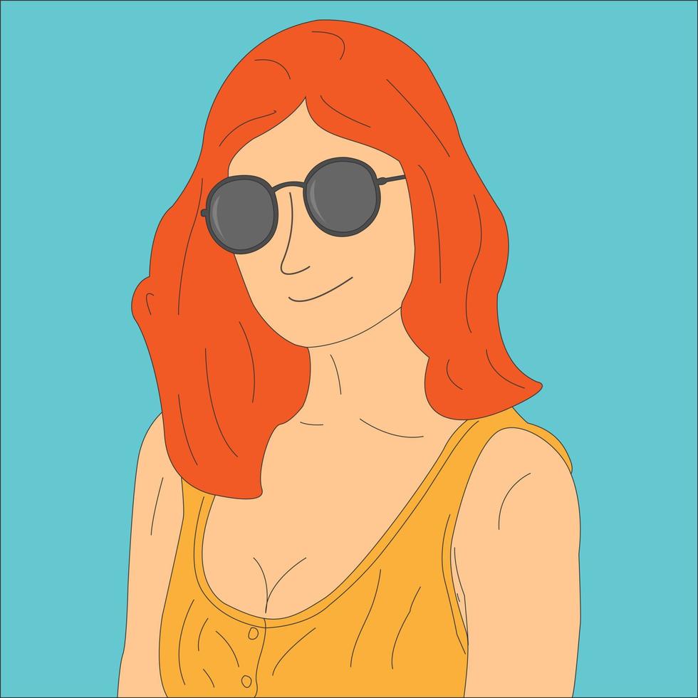 Portrait of cute woman in sunglasses. Cartoon minimal style. Flat vector illustration
