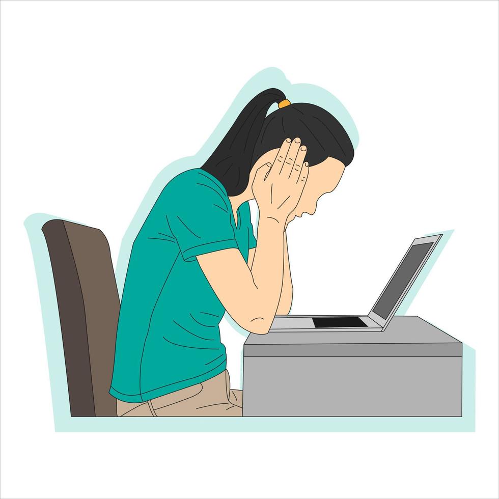 Illustration of a woman holding her head while looking at a laptop. Cartoon vector illustration