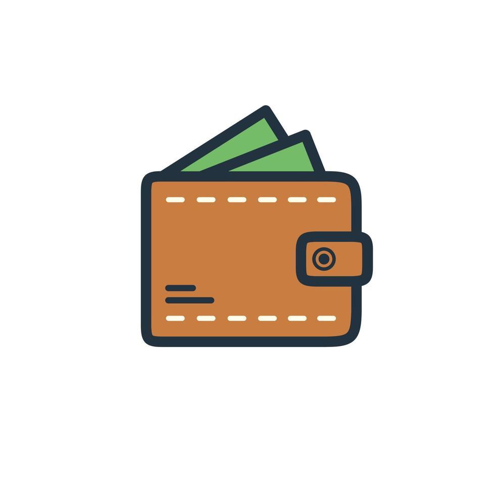 Vector brown wallet with banknotes. Wallet icon symbol isolated on a white background. Online payment concept. Vector illustration