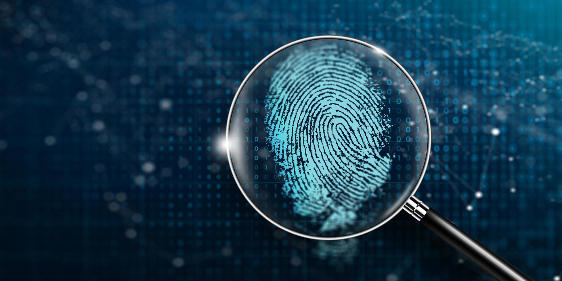 Magnifying glass and Biometrics authentication technology with binary code. photo