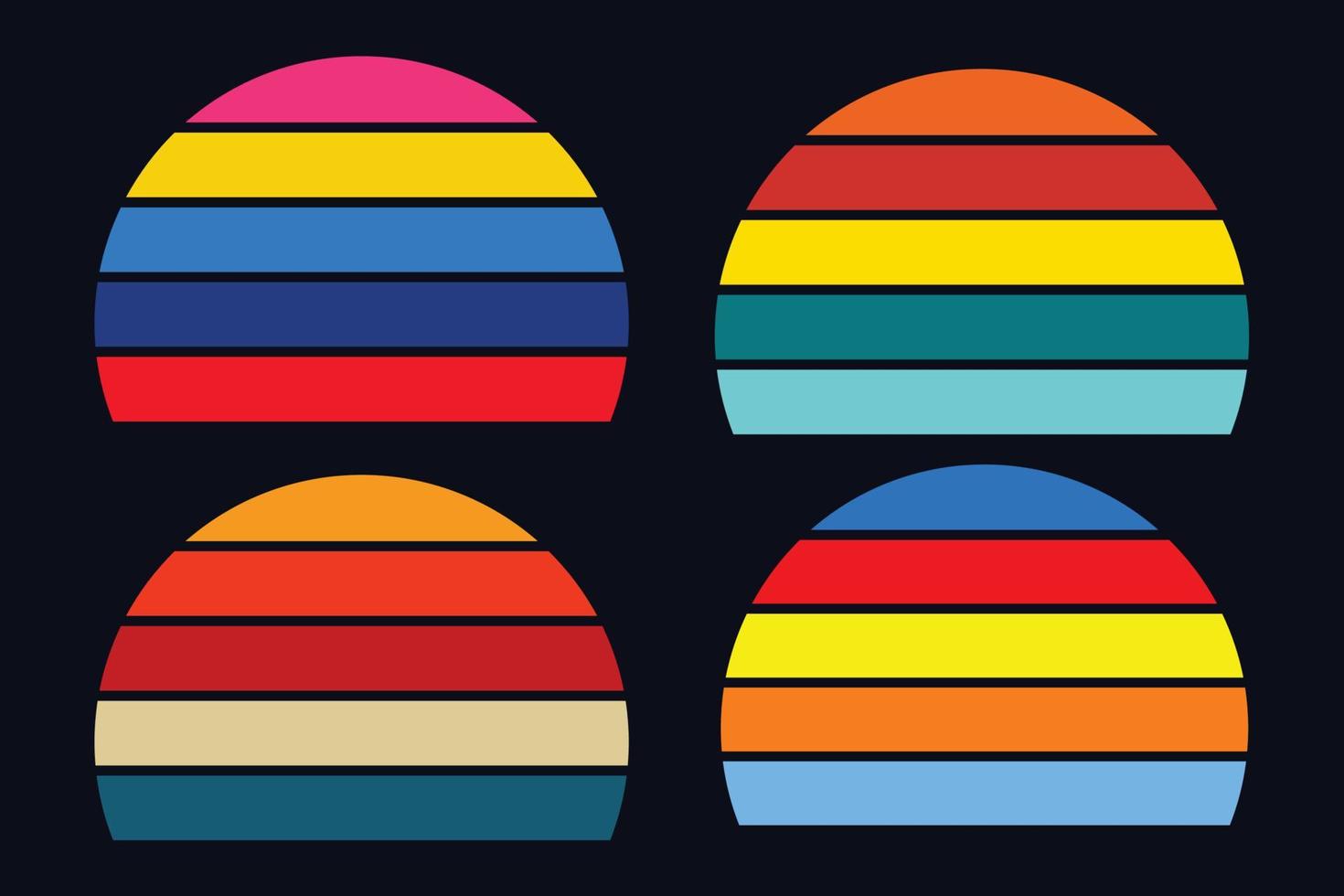 conjunto de puestas de sol retro al estilo de los años 80 y 90. fondo abstracto con un degradado soleado. colores brillantes. plantilla de diseño vectorial para logotipos, insignias, pancartas, estampados. fondo claro aislado vector