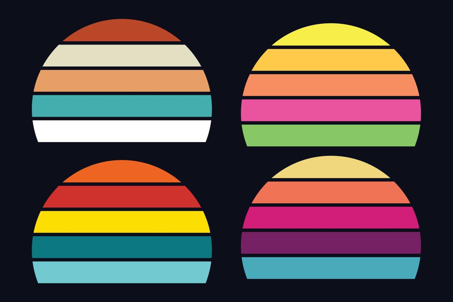 Retro sunset collection for banner or print. 80s style retrowave striped circles with mountains and forest trees vector