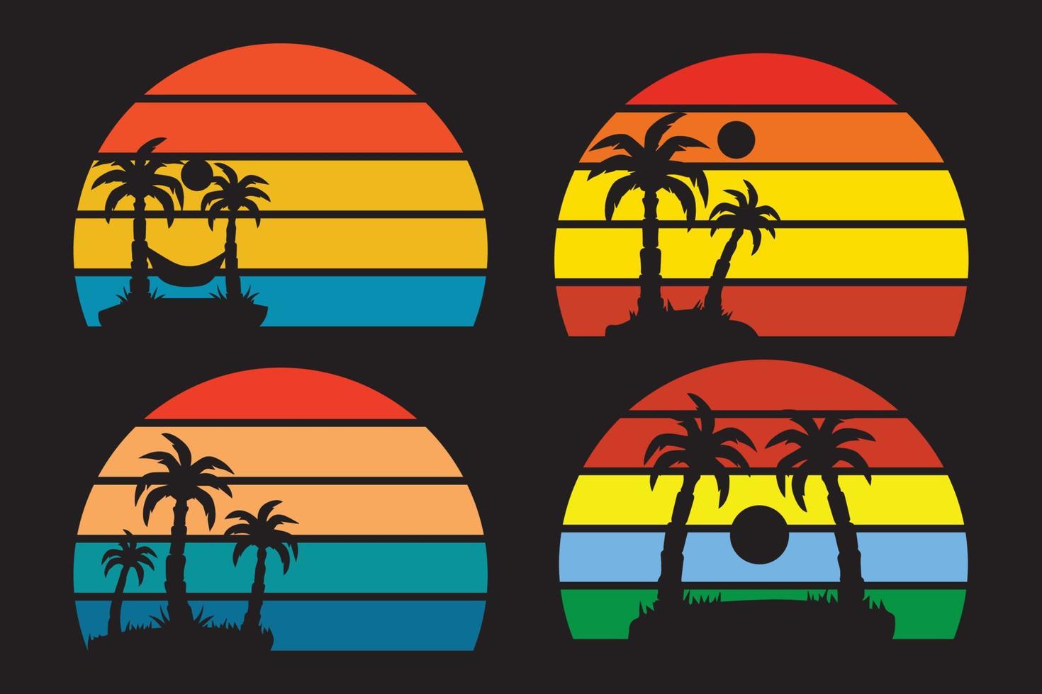 Collection of retro sunsets in the style of the 80-90s. Abstract background with a sunny gradient. Bright colors. Design template for logo, icons, banners, prints. Isolated dark background. Vector