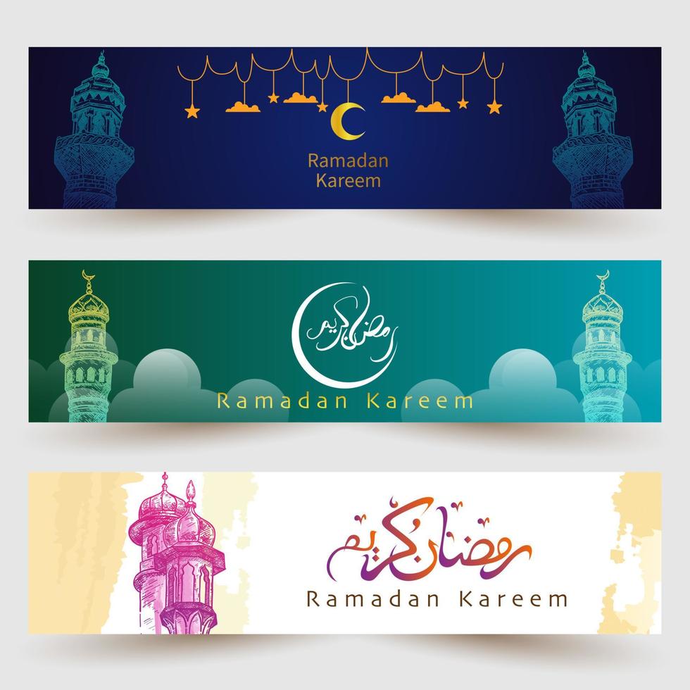 Ramadan Kareem. islamic design with hand drawn calligraphies, crescent moon and mosque dome vector