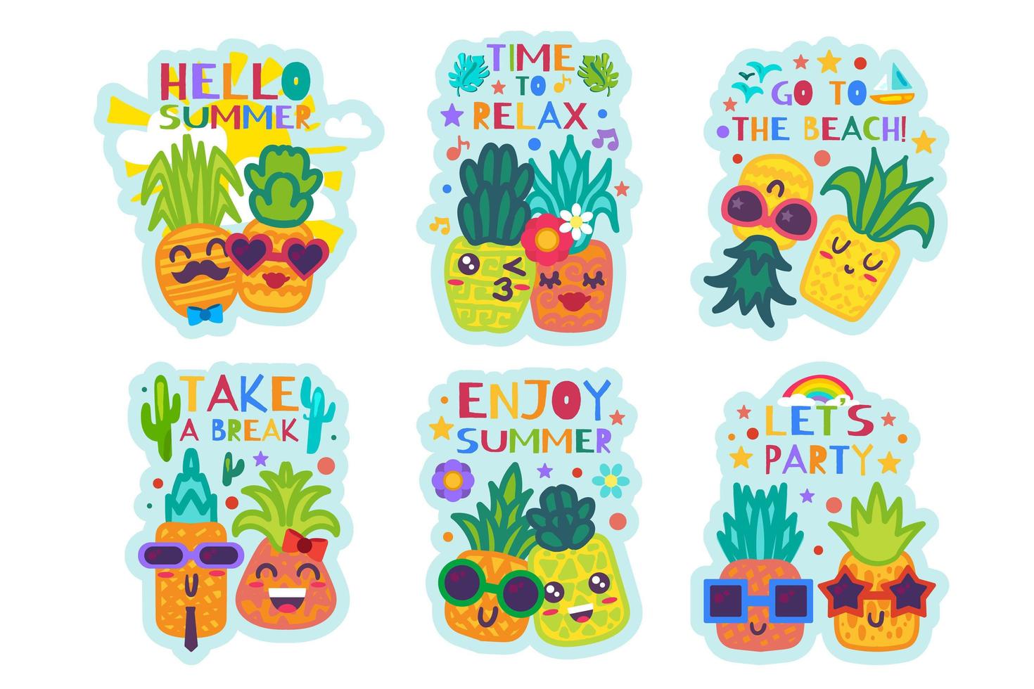 Nice Hello Summer Cute Pineapples Stickers Set vector