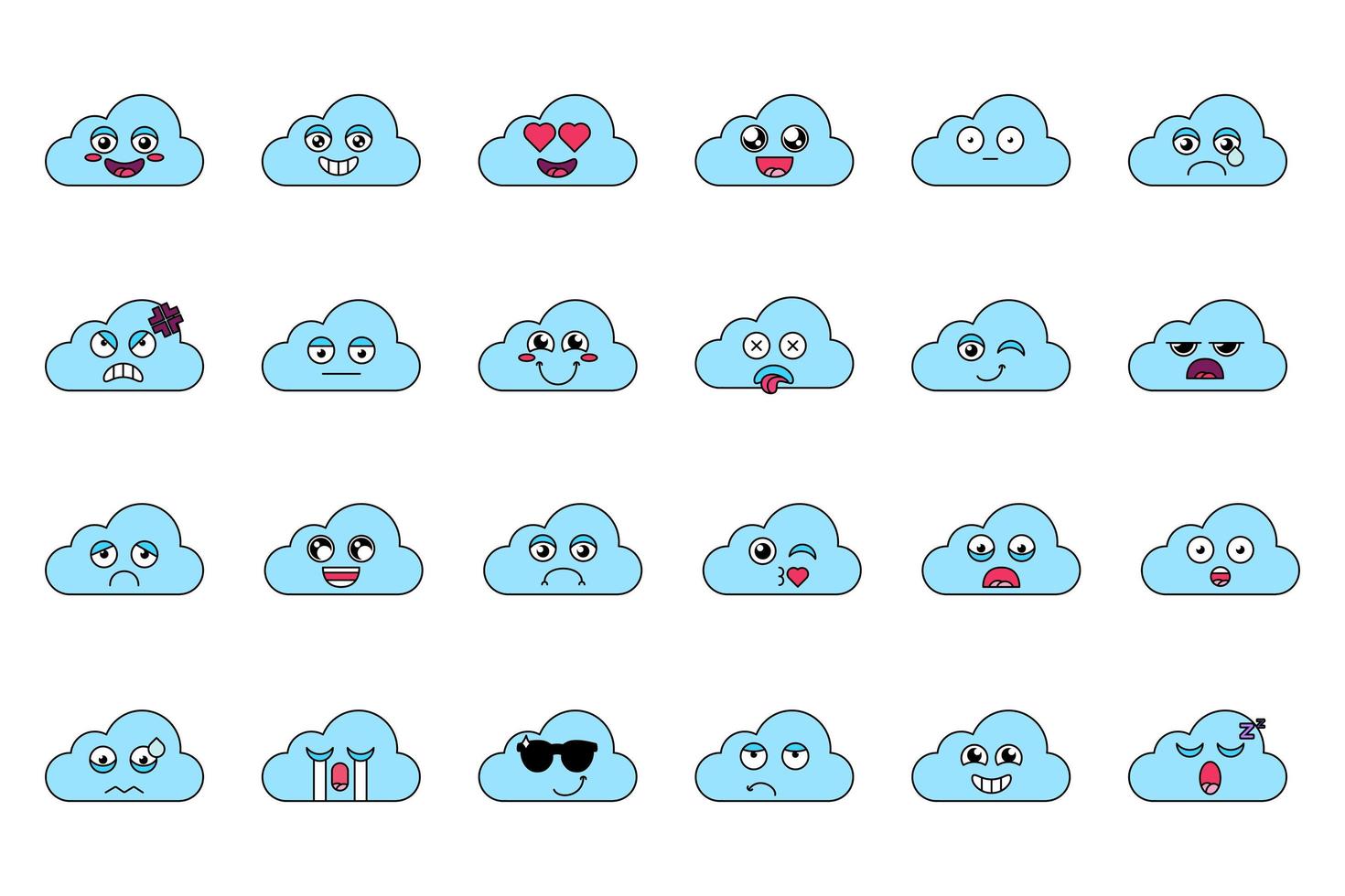 Cute cloud stickers outline illustrations set vector