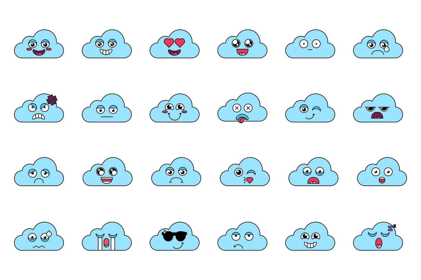 lindo, nube, pegatinas, contorno, ilustraciones, conjunto vector