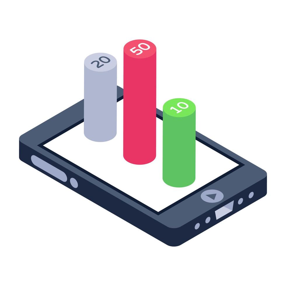 Mountains chart inside smartphone, isometric icon of statistical app vector